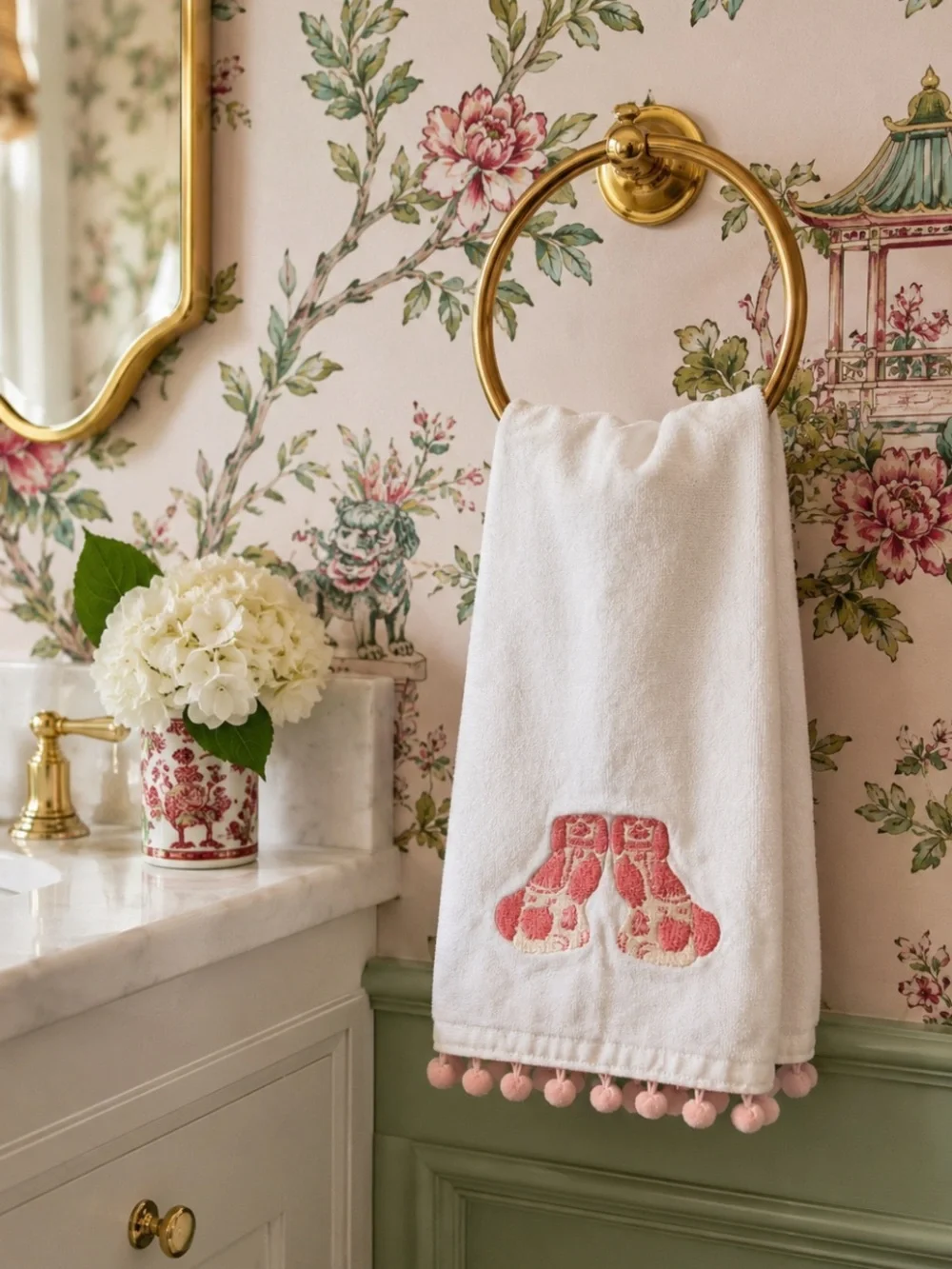 Pomegranate Chinoiserie Foo Dog Embroidered Hand Towel Pink Pom Pom Trim